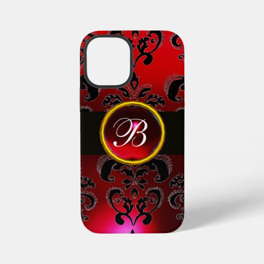 Coque iPhone 12 Mini MONOGRAMME D'ENDOMMAGÉE NOIR ET ROUGE, Ruby (Verso)