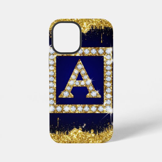 Coque iPhone 12 Mini Monogramme doré initial A avec paillettes bleues (Verso)