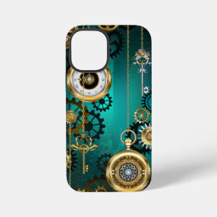 Coque iPhone 12 Mini Montre de bijouterie Steampunk sur fond vert