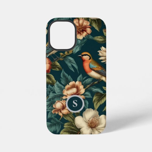 Coque iPhone 12 Mini Motif botanique monogramme vintage d'oiseaux flora (Verso)