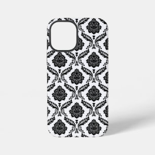 Coque iPhone 12 Mini Motif Damassé Rococo Noir sur Blanc