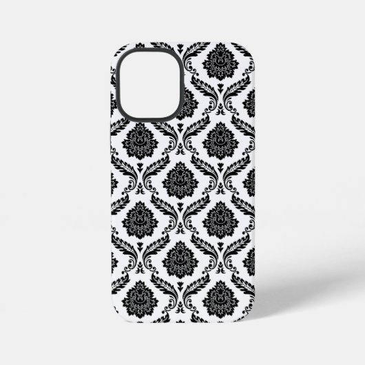 Coque iPhone 12 Mini Motif Damassé Rococo Noir sur Blanc (Verso)