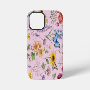 Coque iPhone 12 Mini Motif de fleurs sauvages et de papillons botanique