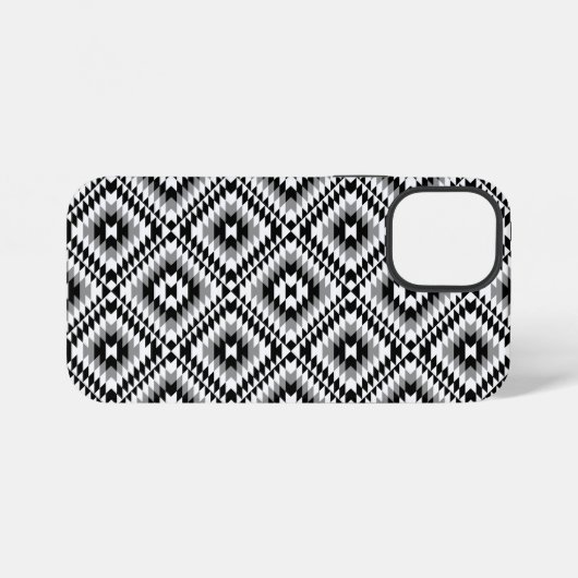 Coque iPhone 12 Mini Motif de symboles BW+gris Aztec stylisé (Verso Horizontal)