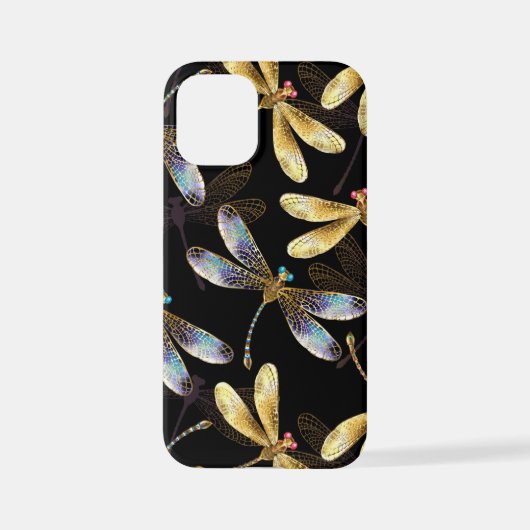 Coque iPhone 12 Mini Motif sans couture avec libellules d'or (Verso)