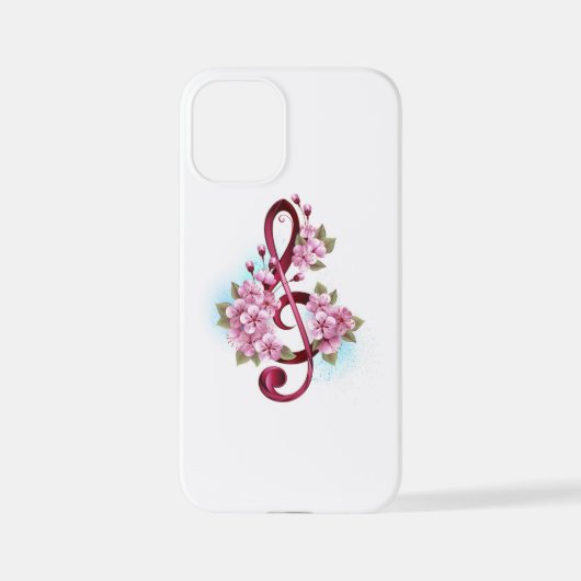 Coque iPhone 12 Mini Musical treble clef notes with sakura flowers (Verso)