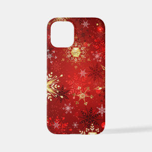 Coque iPhone 12 Mini Noël Golden Snowflakes sur Arrière - plan rouge