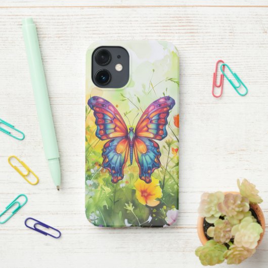 Coque iPhone 12 Mini Papillon Bleu Orange ailes (Sur le bureau)