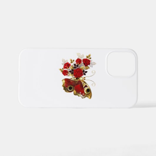 Coque iPhone 12 Mini Papillon de fleurs rouges aux roses rouges (Verso Horizontal)