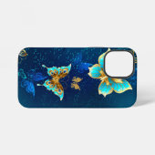 Coque iPhone 12 Mini Papillons dorés sur fond bleu (Verso Horizontal)