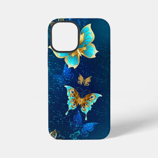 Coque iPhone 12 Mini Papillons dorés sur fond bleu (Verso)