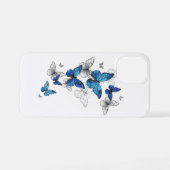 Coque iPhone 12 Mini Papillons volants bleus Morpho (Verso Horizontal)