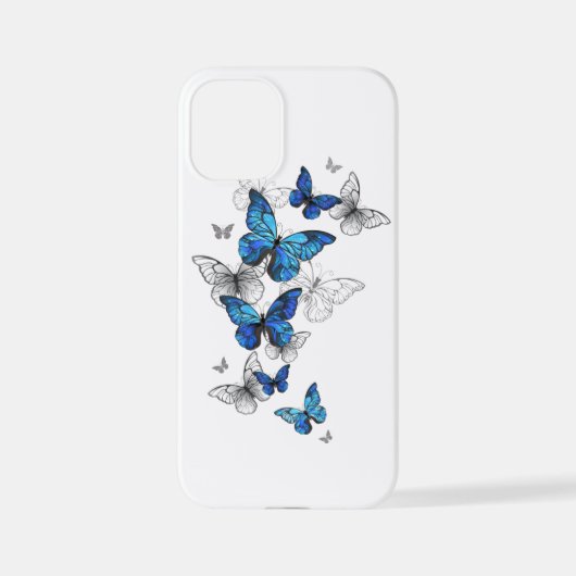 Coque iPhone 12 Mini Papillons volants bleus Morpho (Verso)