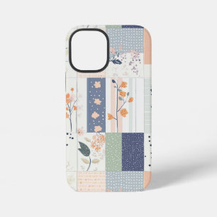 Coque iPhone 12 Mini Patchwork floral scandinave en rose et bleu