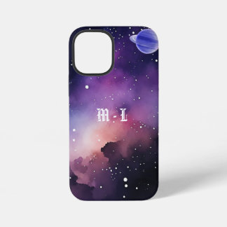 Coque iPhone 12 Mini Photo de galaxie de nébuleuse cosmique Monogramme