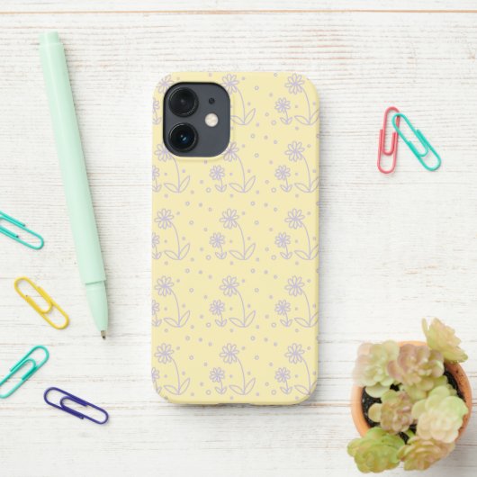 Coque iPhone 12 Mini Pois et marguerites 2 - Pastel Jaune et Violet (Sur le bureau)