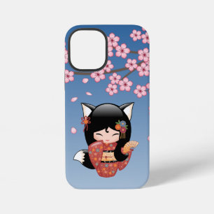 Coque iPhone 12 Mini Poupée Kokeshi Kitsune - Fille Geisha Renard Noir