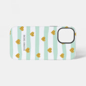 Coque iPhone 12 Mini Rayures vertes et blanches Cœurs dorés Nom personn (Verso Horizontal)