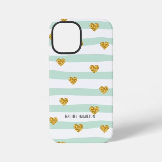 Coque iPhone 12 Mini Rayures vertes et blanches Cœurs dorés Nom personn (Verso)