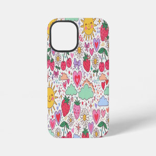 Coque iPhone 12 Mini Rétro Mignon Fraise, Soleil, et Cœurs Heureux