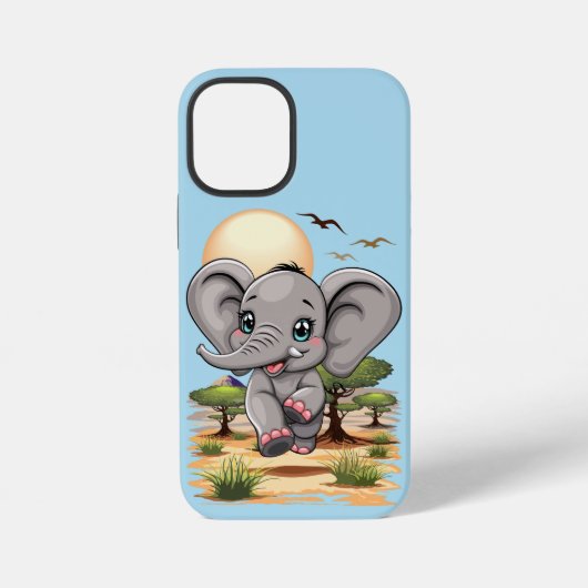 Coque iPhone 12 Mini Un bébé éléphant qui sonne heureux dans la savane  (Verso)