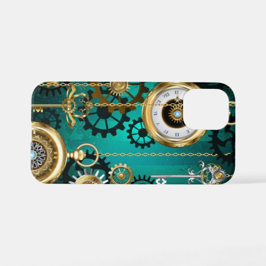 Coque iPhone 12 Mini Veille bijoux Steampunk sur un Arrière - plan vert (Verso Horizontal)
