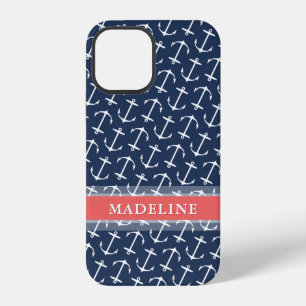 Coque iPhone 12 Modèle d'ancre bleu blanc corail nom