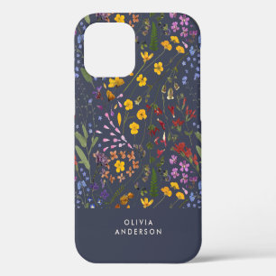 Coque iPhone 12 Moderne floral coloré initiale bleu marine Cas