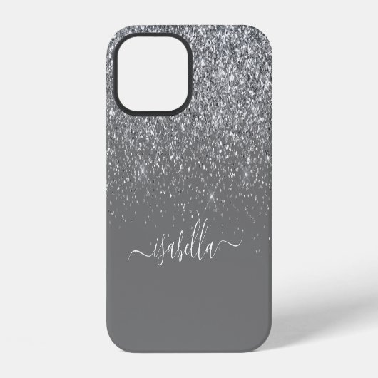 Coque iPhone 12 Moderne paillettes d'argent Nom de script élégant (Verso)