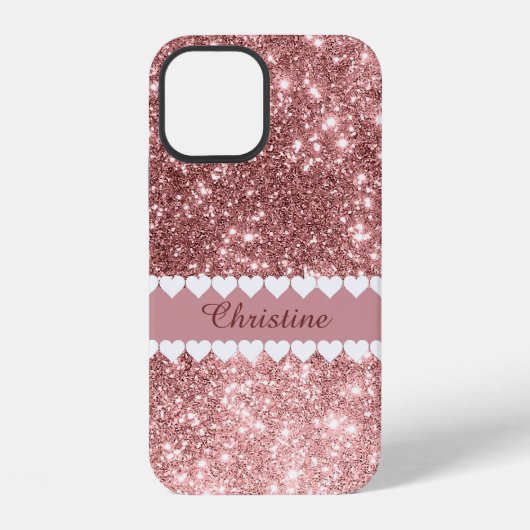 Coque iPhone 12 Mon nom Coeurs blancs sur Or Rose (Verso)