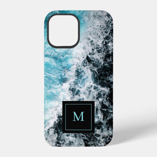 Coque iPhone 12 Monogram Blue Black Ocean Waves Hawaii (Verso)