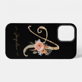 Coque iPhone 12 Monogramme A Black Gold BOHO Pink Floraf (Verso Horizontal)