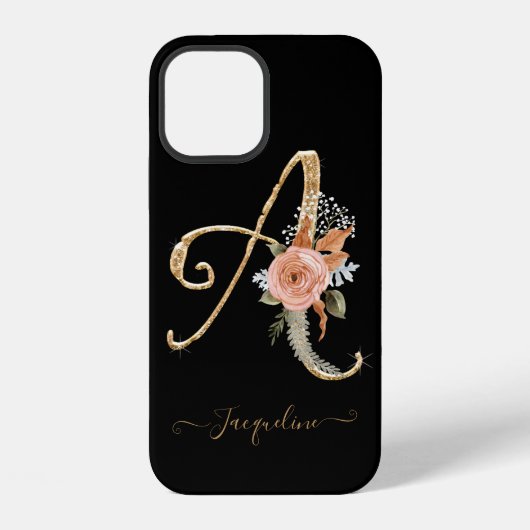 Coque iPhone 12 Monogramme A Black Gold BOHO Pink Floraf (Verso)