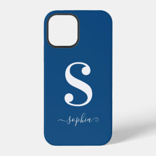 Coque iPhone 12 Monogramme Blanc Minimal sur Fond Bleu avec Nom en