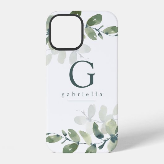 Coque iPhone 12 Monogramme botanique d'eucalyptus (Verso)