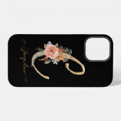 Coque iPhone 12 Monogramme C Script Gold BOHO Black Pink Floral Le (Verso Horizontal)