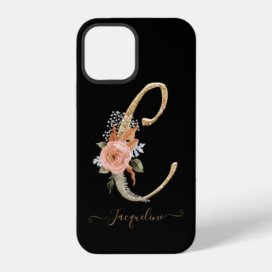 Coque iPhone 12 Monogramme C Script Gold BOHO Black Pink Floral Le (Verso)
