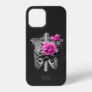 Coque iPhone 12 Monogramme crâne de roses roses gothiques vintage