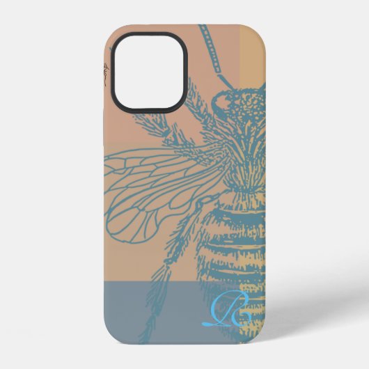 Coque iPhone 12 Monogramme d'abeille bleu chic (Verso)