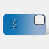 Coque iPhone 12 Monogramme de nom moderne dégradé de bleu clair à (Verso Horizontal)