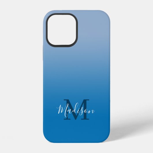 Coque iPhone 12 Monogramme de nom moderne dégradé de bleu clair à (Verso)