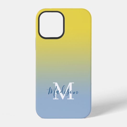Coque iPhone 12 Monogramme de nom moderne dégradé jaune à bleu cla (Verso)