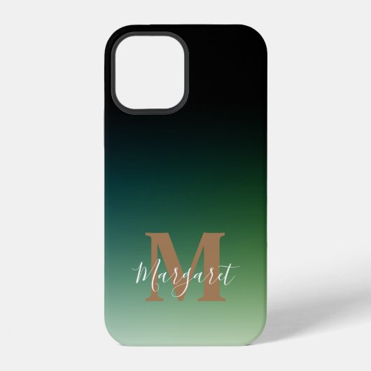 Coque iPhone 12 Monogramme d'or Ombre vert (Verso)