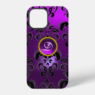 COQUE iPhone 12 MONOGRAMME FLORAL GEMME NOIR VIOLET DAMAS