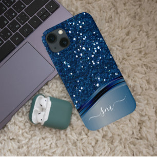 Coque iPhone 12 Monogramme manuscrit bleu marine Paillettes métall