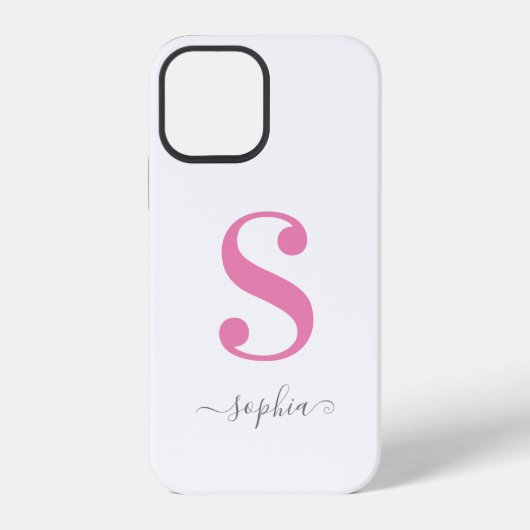 Coque iPhone 12 Monogramme rose minimal avec nom en script gris su (Verso)
