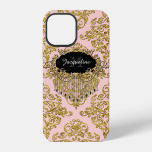 Coque iPhone 12 Monogramme Vintage Élégant Rose Gold Pailleté