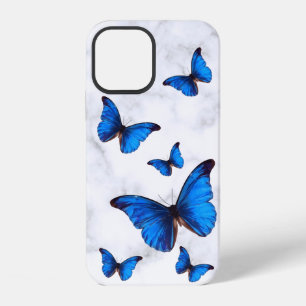 Coque iPhone 12 Morpho Bleu Papillons en Vol Marbré