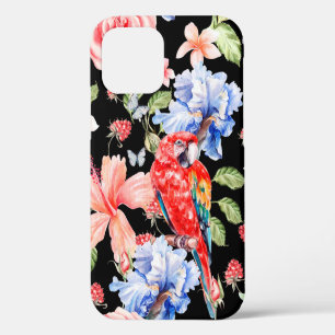 Coque iPhone 12 Motif aquarelle avec fleurs roses, iris, hibi