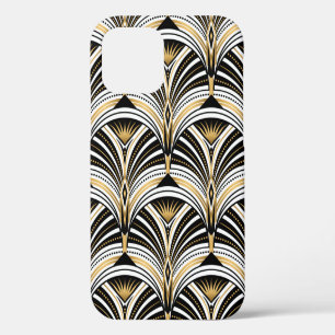 Coque iPhone 12 Motif Art Déco. Fond doré noir blanc vintage
